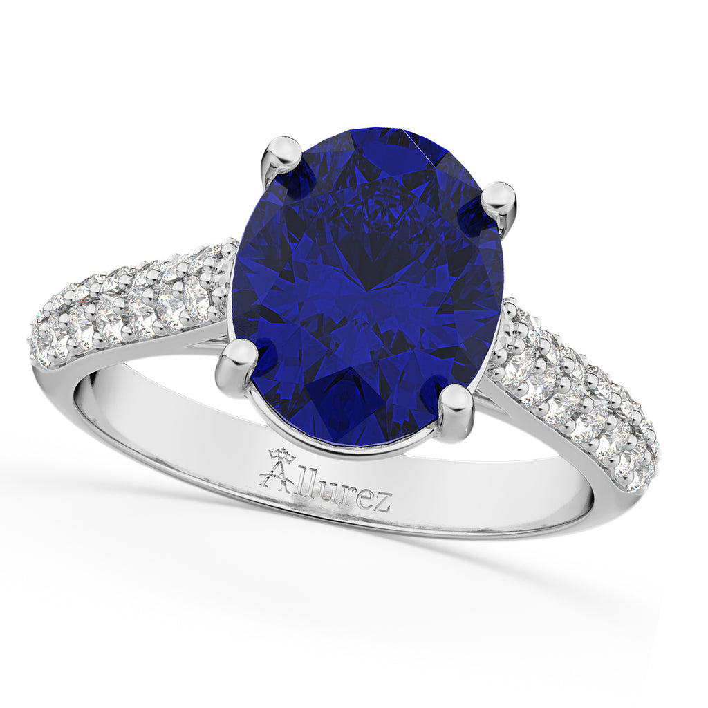 Oval Blue Sapphire & Diamond Engagement Ring 18k White Gold (4.42ct)