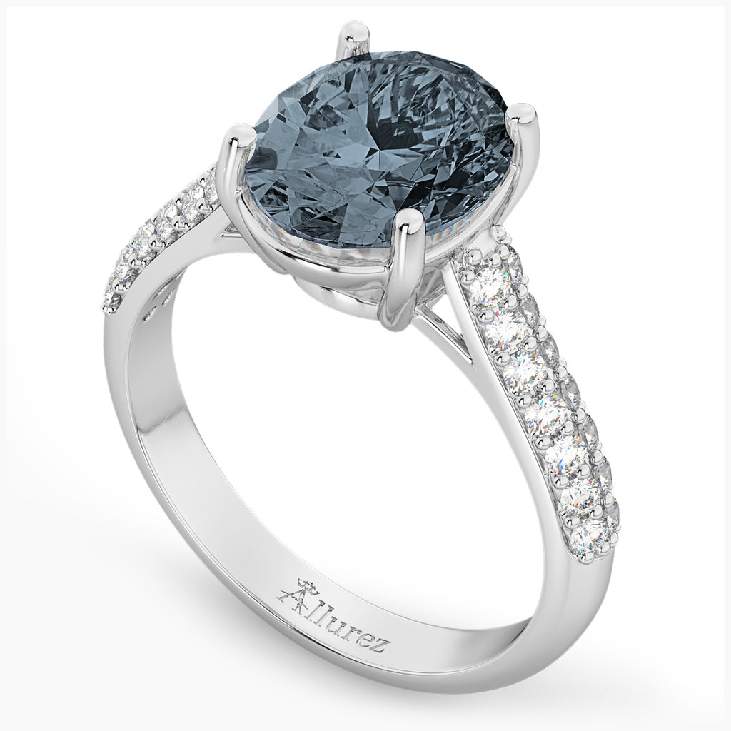 Oval Gray Spinel & Diamond Engagement Ring 14k White Gold (4.42ct)