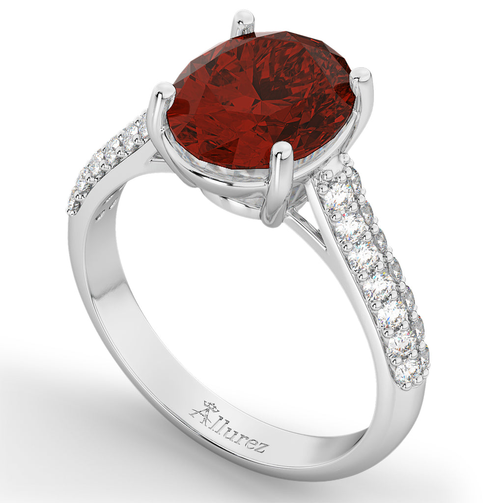 Oval Garnet & Diamond Engagement Ring 18k White Gold (4.42ct)