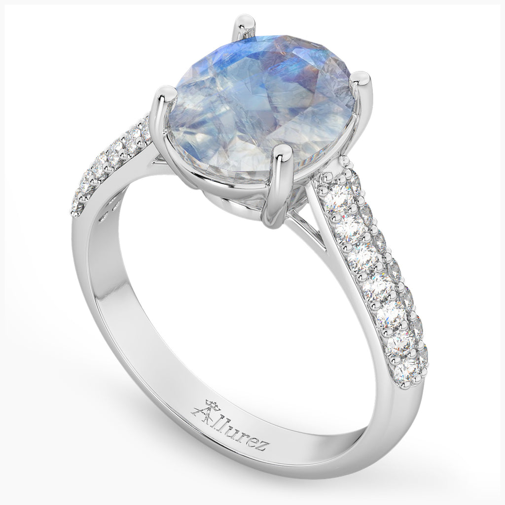 Oval Moonstone & Diamond Engagement Ring 14k White Gold (4.42ct)