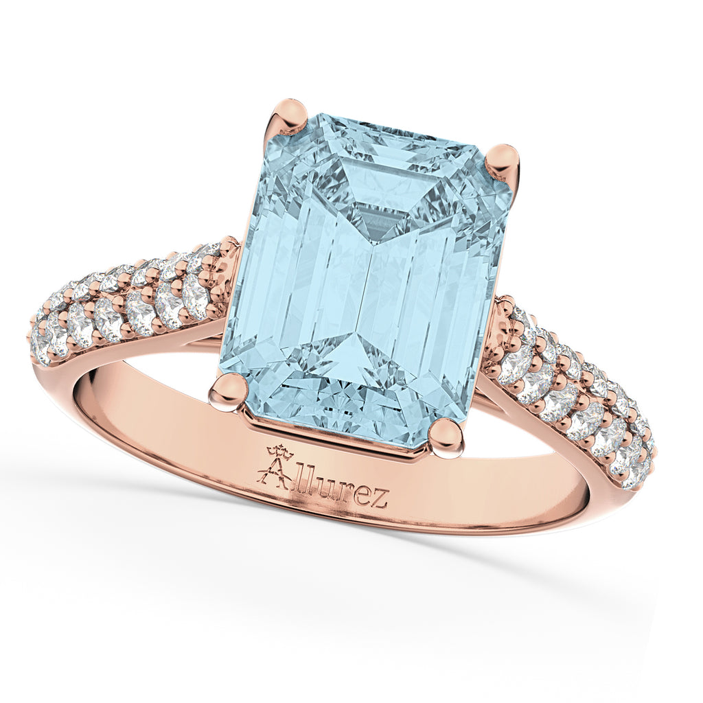 Emerald-Cut Aquamarine & Diamond Engagement Ring 14k Rose Gold (5.54ct)