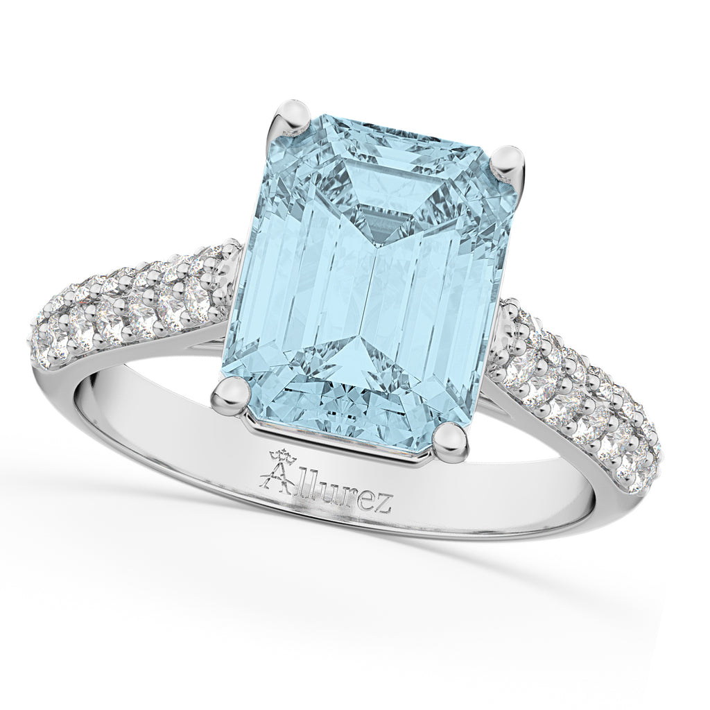 Emerald-Cut Aquamarine & Diamond Engagement Ring 14k White Gold (5.54ct)