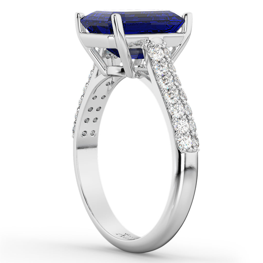 Emerald-Cut Blue Sapphire & Diamond Ring 14k White Gold (5.54ct)