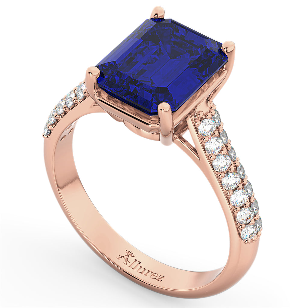 Emerald-Cut Blue Sapphire & Diamond Ring 18k Rose Gold (5.54ct)