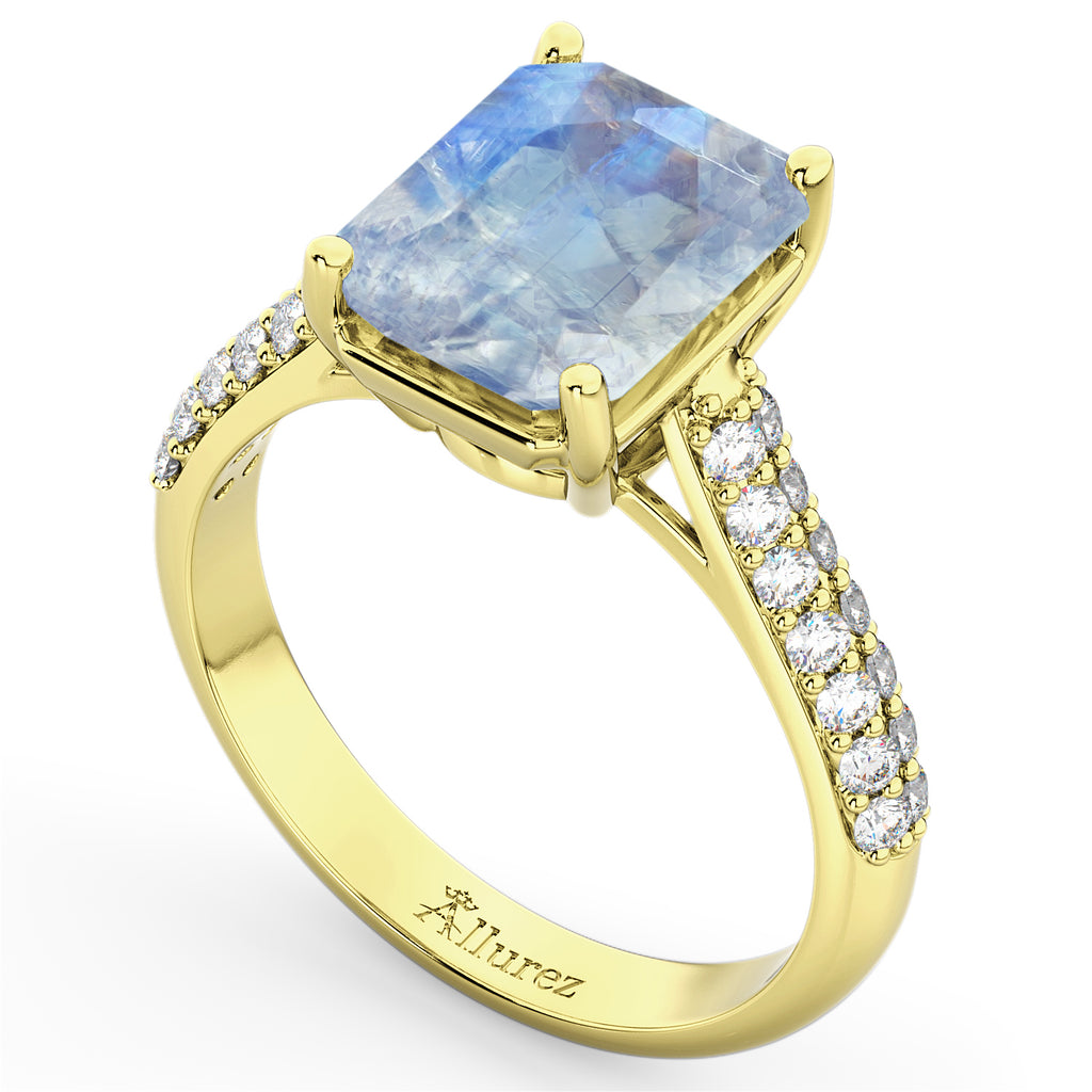 Emerald-Cut Moonstone & Diamond Ring 14k Yellow Gold (5.54ct)