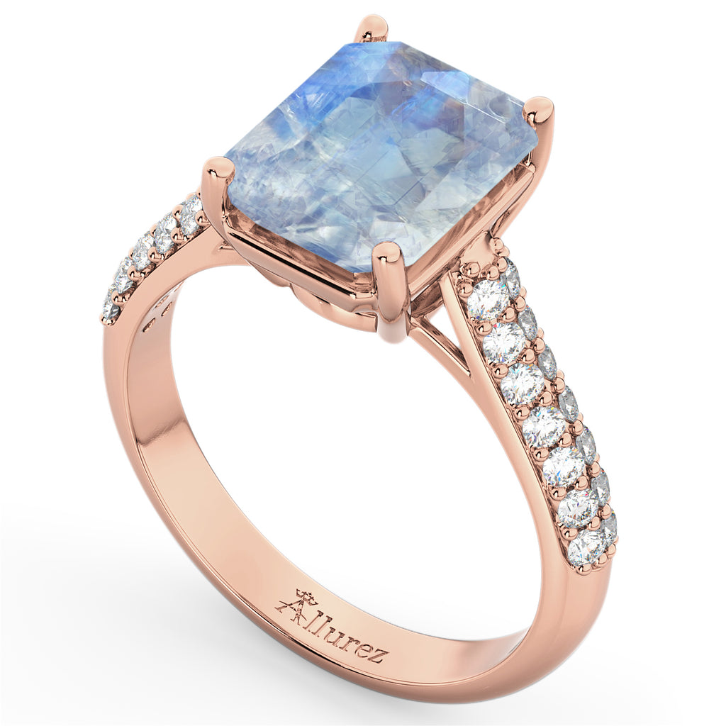 Emerald-Cut Moonstone & Diamond Ring 18k Rose Gold (5.54ct)