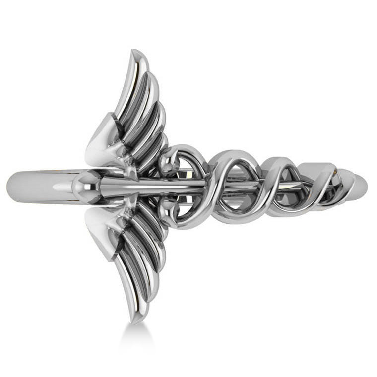 Caduceus Medical Symbol Novelty Ladies Ring 14k White Gold