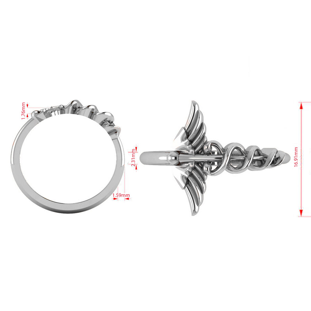 Caduceus Medical Symbol Novelty Ladies Ring 14k White Gold