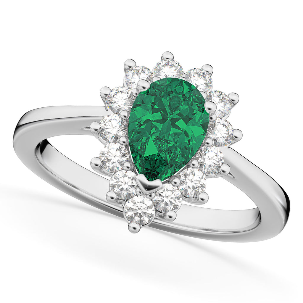 Halo Emerald & Diamond Floral Pear Shaped Fashion Ring 14k White Gold (1.12ct)