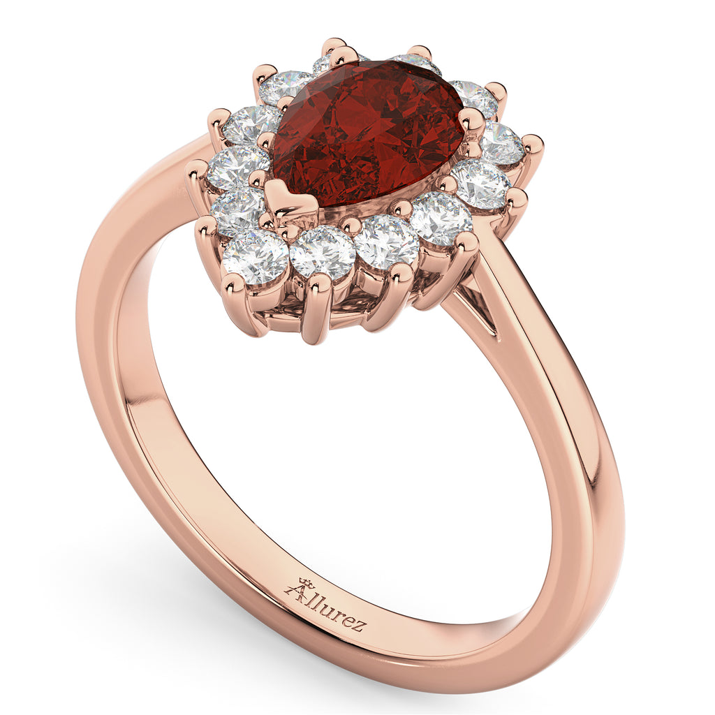 Halo Garnet & Diamond Floral Pear Shaped Fashion Ring 14k Rose Gold (1.42ct)