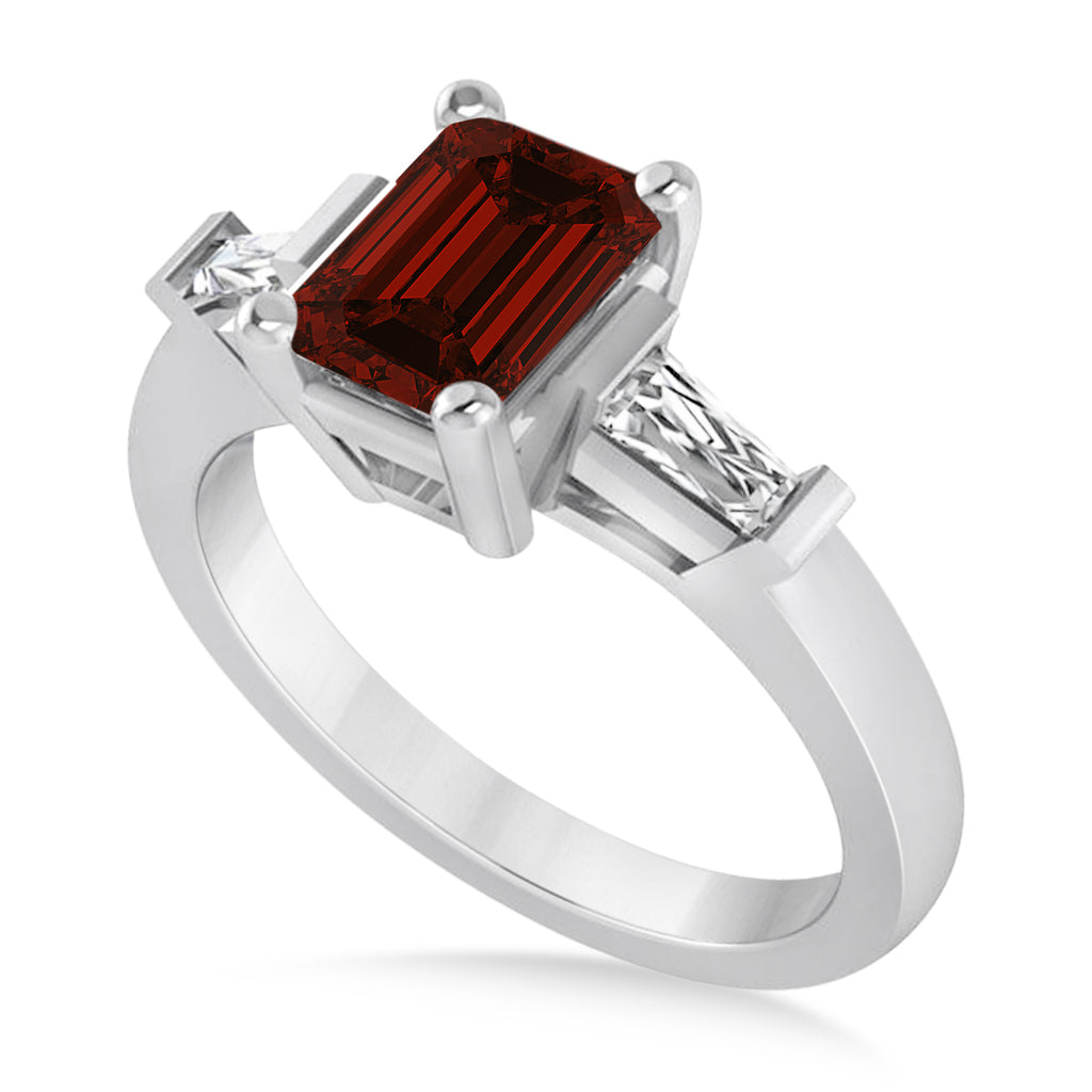 Garnet & Diamond Three-Stone Emerald Ring 14k White Gold (1.85ct)