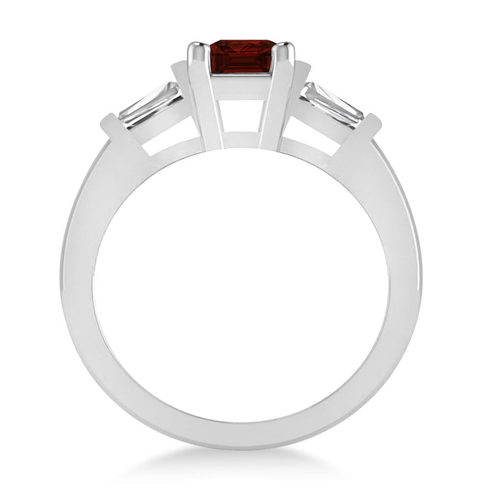 Garnet & Diamond Three-Stone Emerald Ring 14k White Gold (1.85ct)
