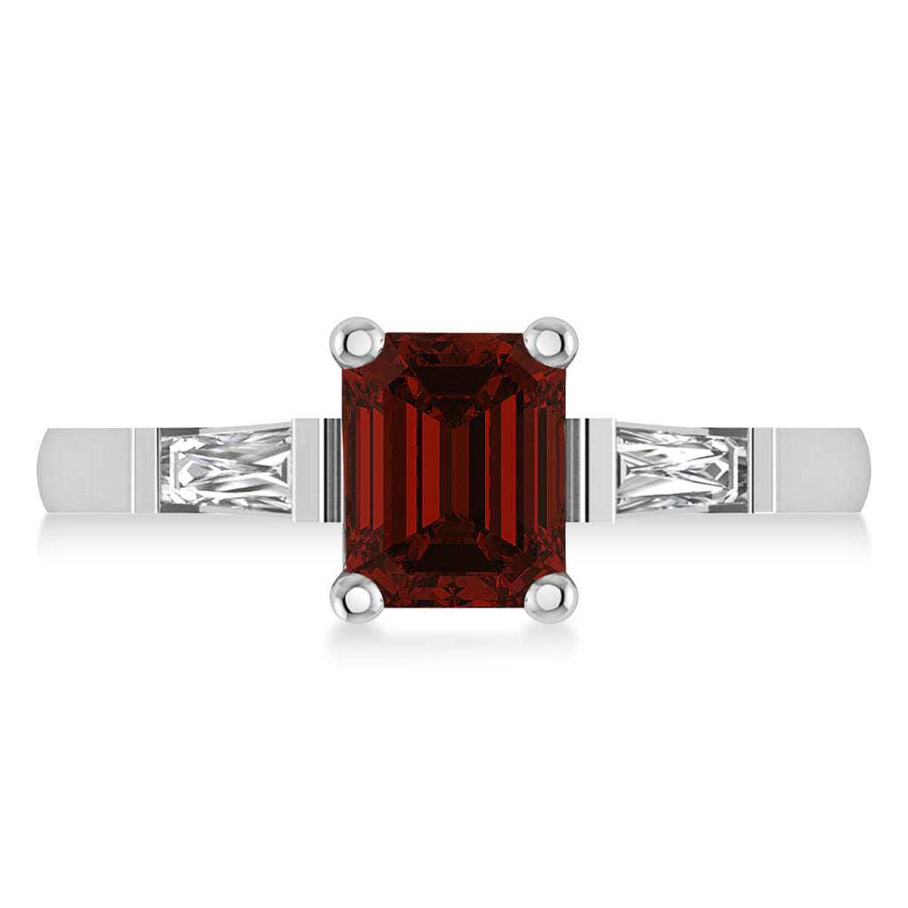 Garnet & Diamond Three-Stone Emerald Ring 14k White Gold (1.85ct)