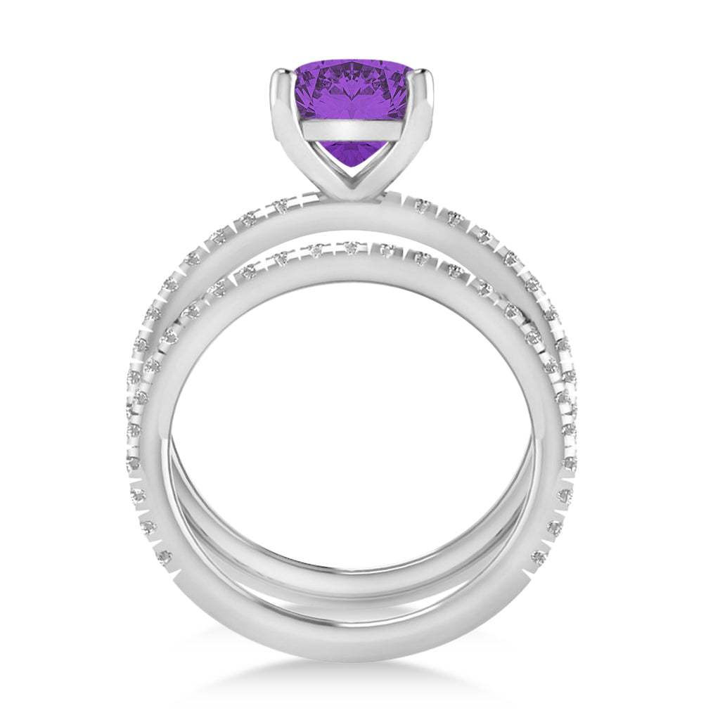 Amethyst & Diamond Cushion-Set Semi-Eternity Bridal Set 14K White Gold (3.22ct)