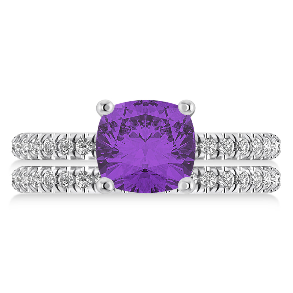 Amethyst & Diamond Cushion-Set Semi-Eternity Bridal Set 14K White Gold (3.22ct)