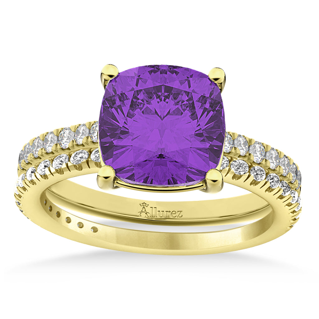 Amethyst & Diamond Cushion-Set Semi-Eternity Bridal Set 14K Yellow Gold (3.22ct)