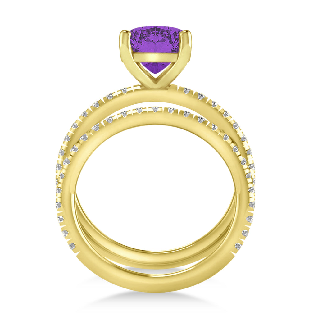Amethyst & Diamond Cushion-Set Semi-Eternity Bridal Set 14K Yellow Gold (3.22ct)