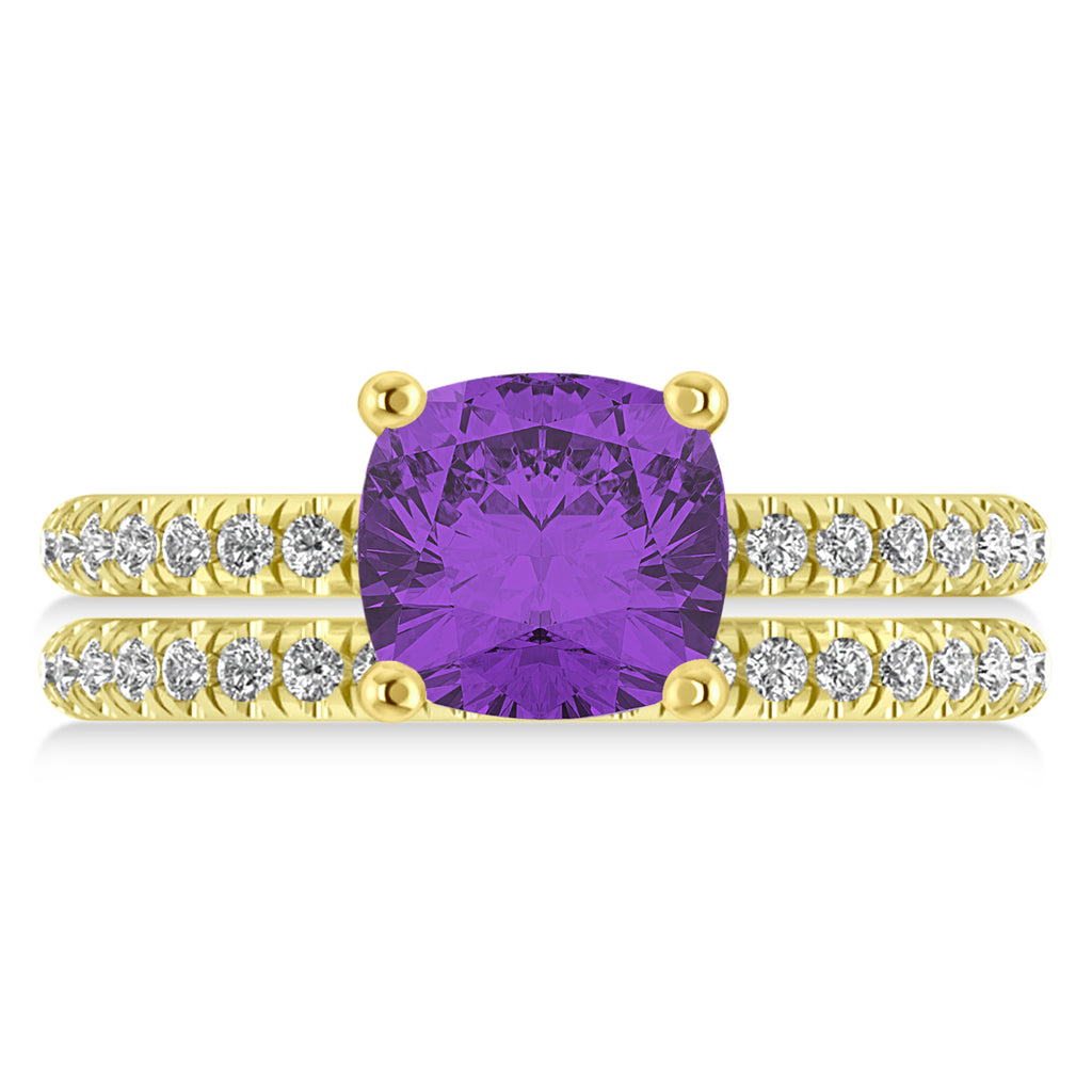 Amethyst & Diamond Cushion-Set Semi-Eternity Bridal Set 14K Yellow Gold (3.22ct)