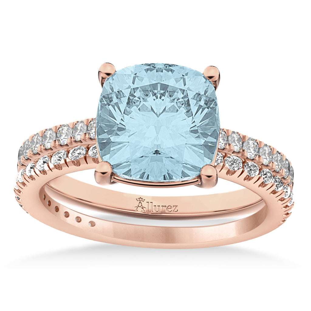 Aquamarine & Diamond Cushion-Set Semi-Eternity Bridal Set 14K Rose Gold (3.22ct)