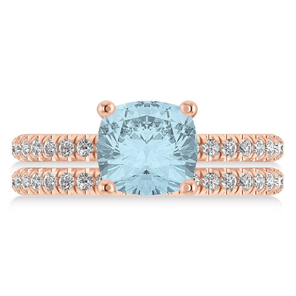 Aquamarine & Diamond Cushion-Set Semi-Eternity Bridal Set 14K Rose Gold (3.22ct)