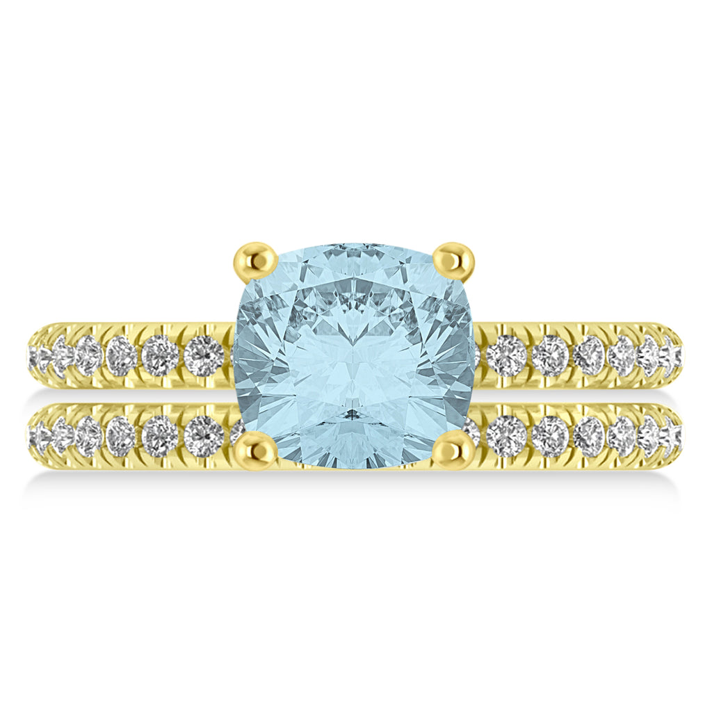 Aquamarine & Diamond Cushion-Set Semi-Eternity Bridal Set 14K Yellow Gold (3.22ct)