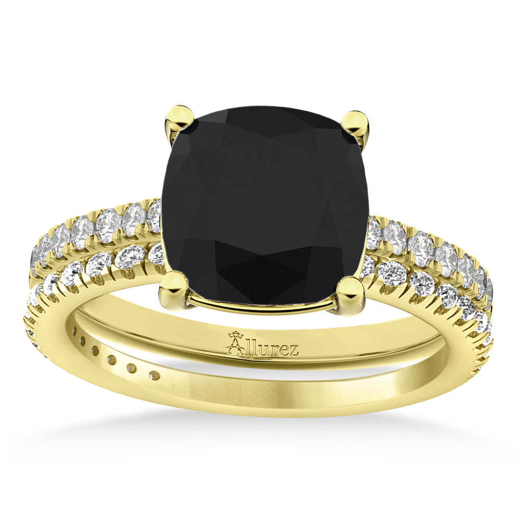 Black & White Diamond Cushion-Set Semi-Eternity Bridal Set 14K Yellow Gold (2.66ct)