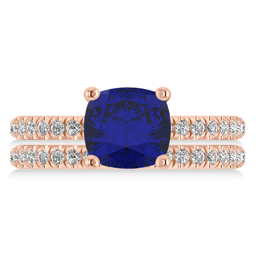 Blue Sapphire & Diamond Cushion-Set Semi-Eternity Bridal Set 14K Rose Gold (3.22ct)