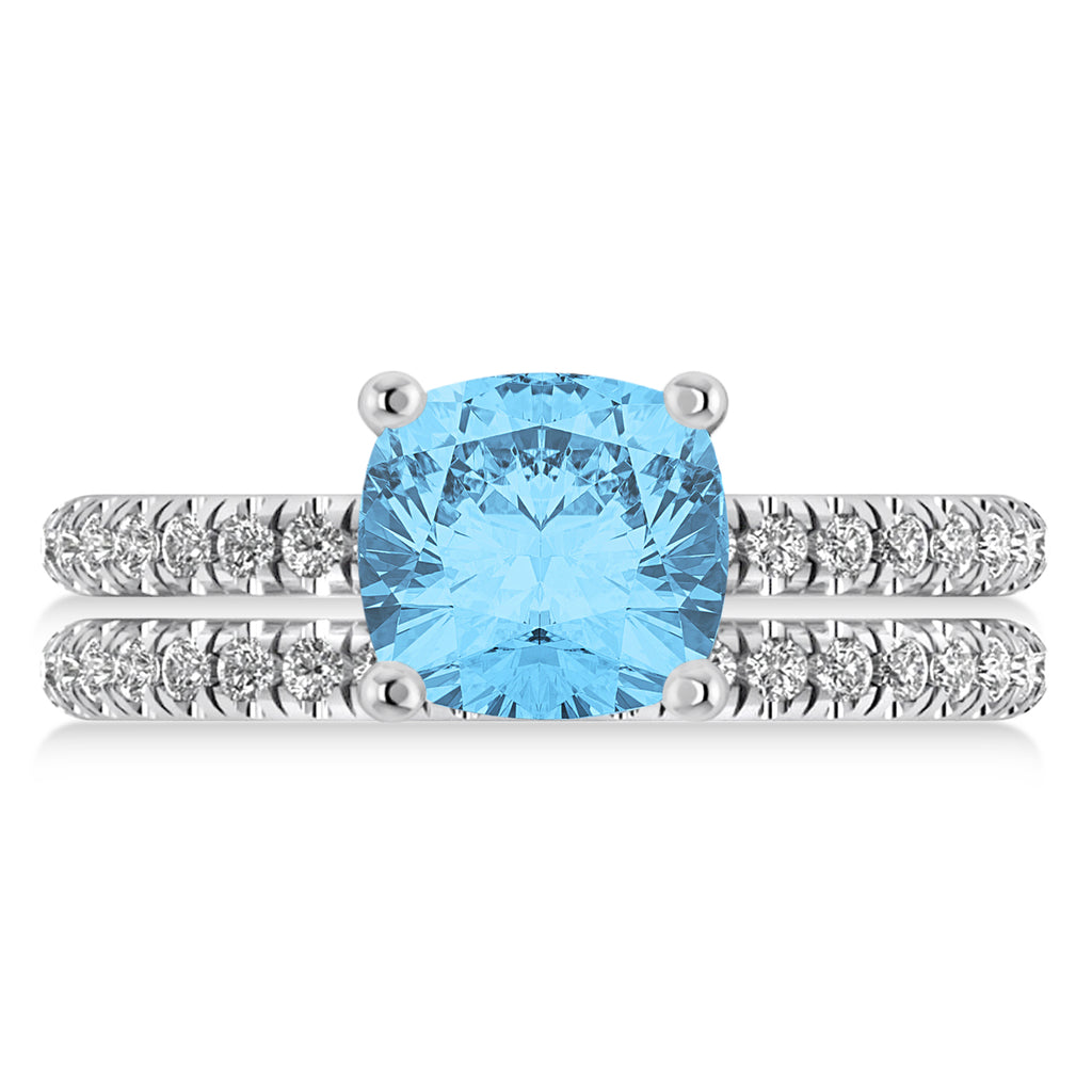 Blue Topaz & Diamond Cushion-Set Semi-Eternity Bridal Set 14K White Gold (3.22ct)