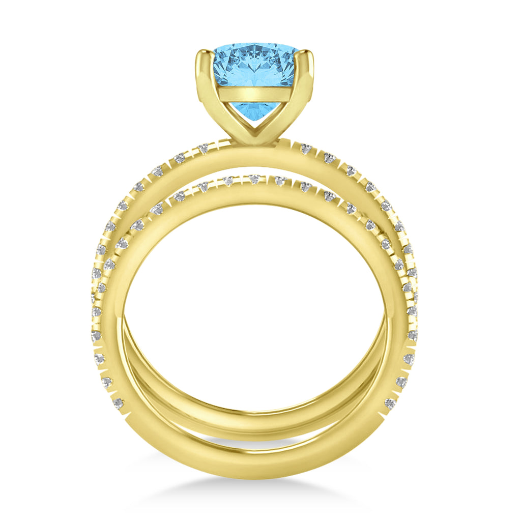 Blue Topaz & Diamond Cushion-Set Semi-Eternity Bridal Set 14K Yellow Gold (3.22ct)