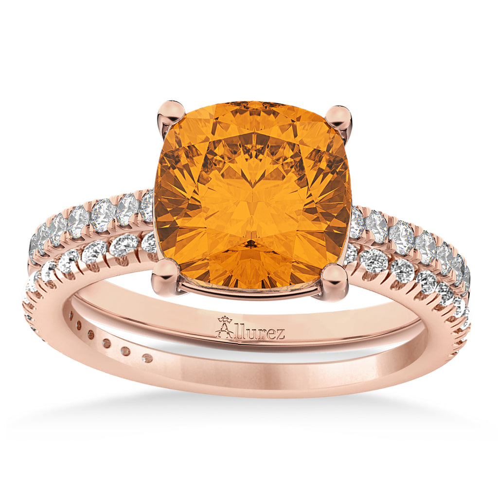Citrine & Diamond Cushion-Set Semi-Eternity Bridal Set 14K Rose Gold (3.22ct)