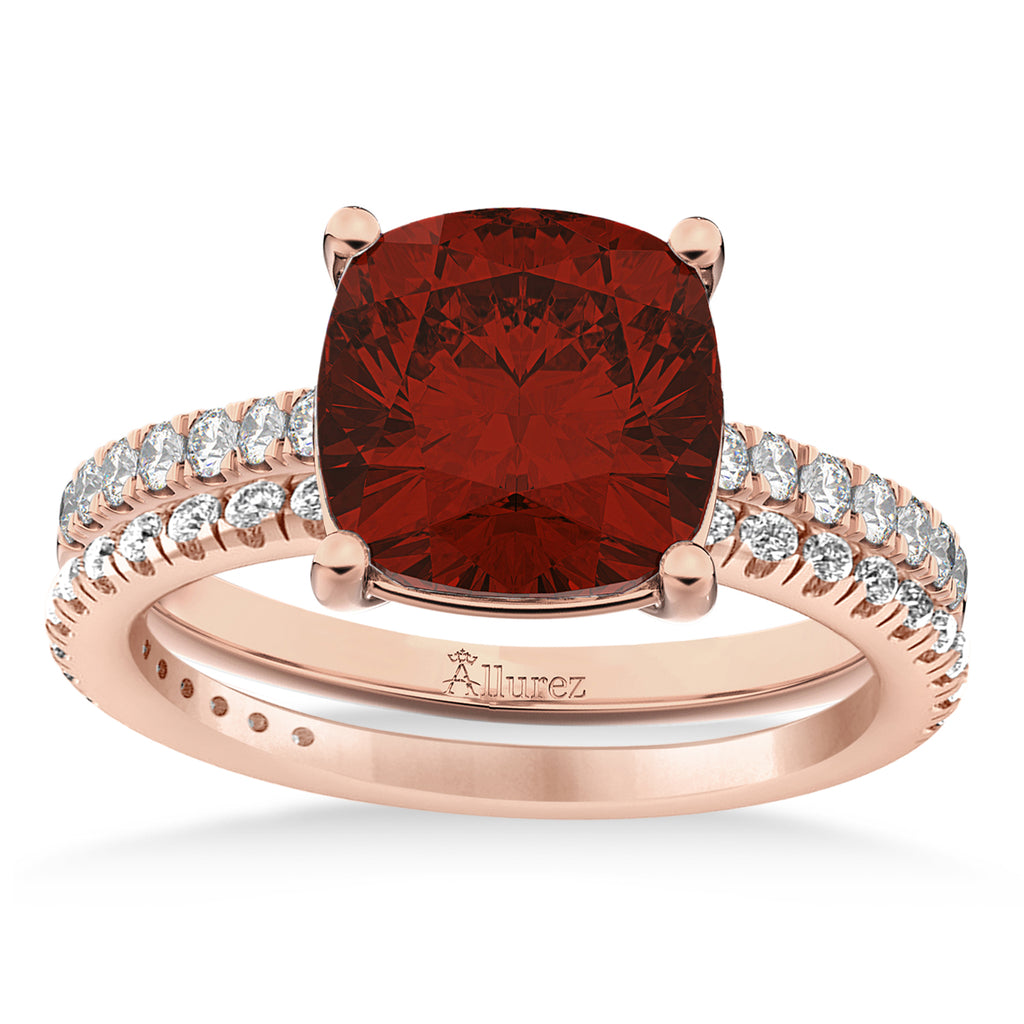 Garnet & Diamond Cushion-Set Semi-Eternity Bridal Set 14K Rose Gold (3.22ct)