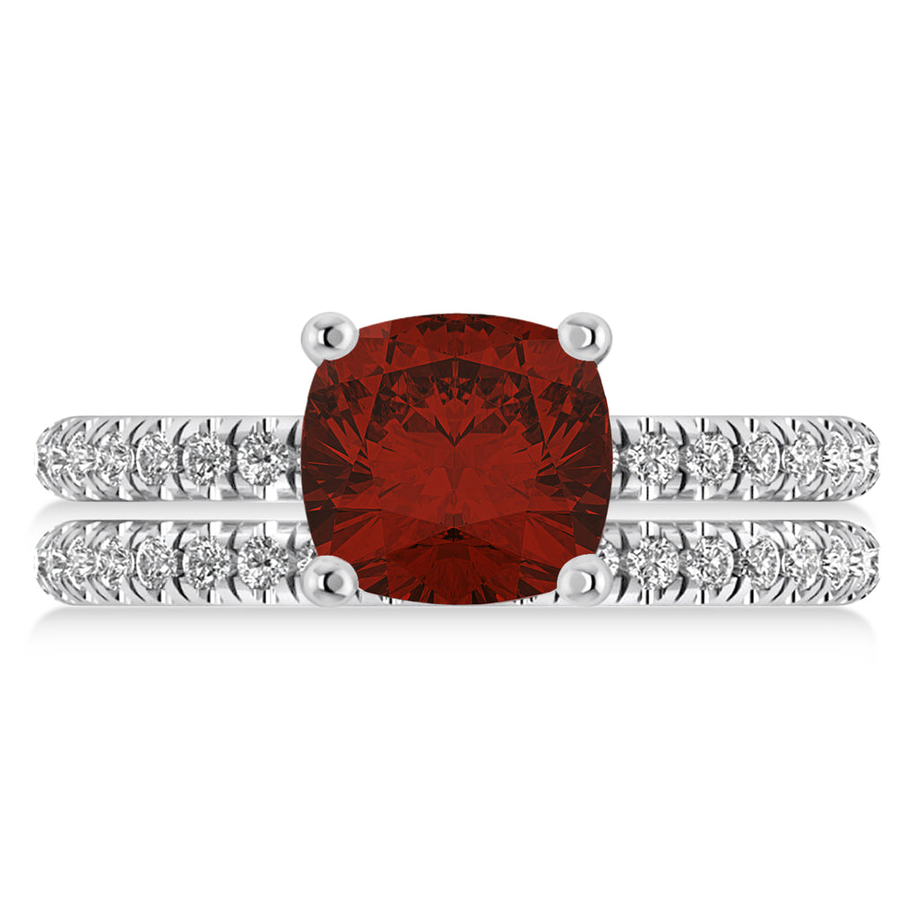 Garnet & Diamond Cushion-Set Semi-Eternity Bridal Set 14K White Gold (3.22ct)