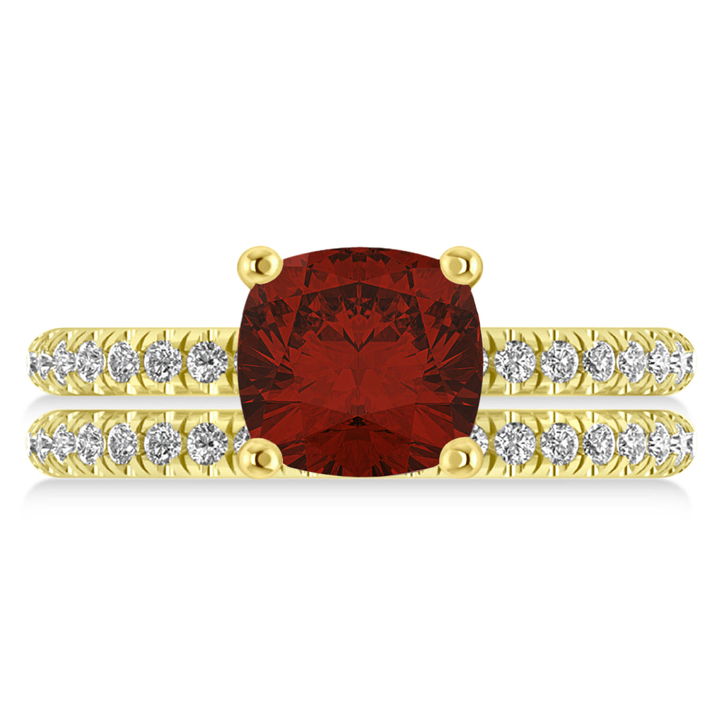 Garnet & Diamond Cushion-Set Semi-Eternity Bridal Set 14K Yellow Gold (3.22ct)