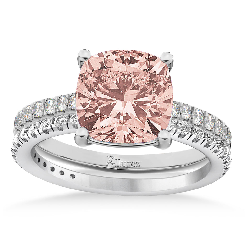 Morganite & Diamond Cushion-Set Semi-Eternity Bridal Set 14K White Gold (3.22ct)