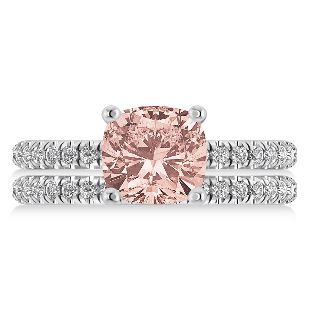 Morganite & Diamond Cushion-Set Semi-Eternity Bridal Set 14K White Gold (3.22ct)