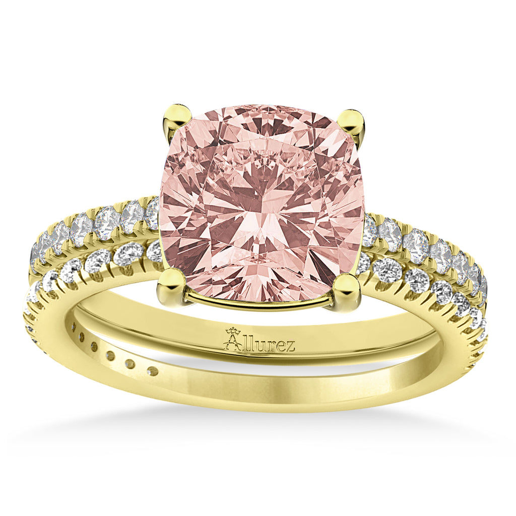 Morganite & Diamond Cushion-Set Semi-Eternity Bridal Set 14K Yellow Gold (3.22ct)