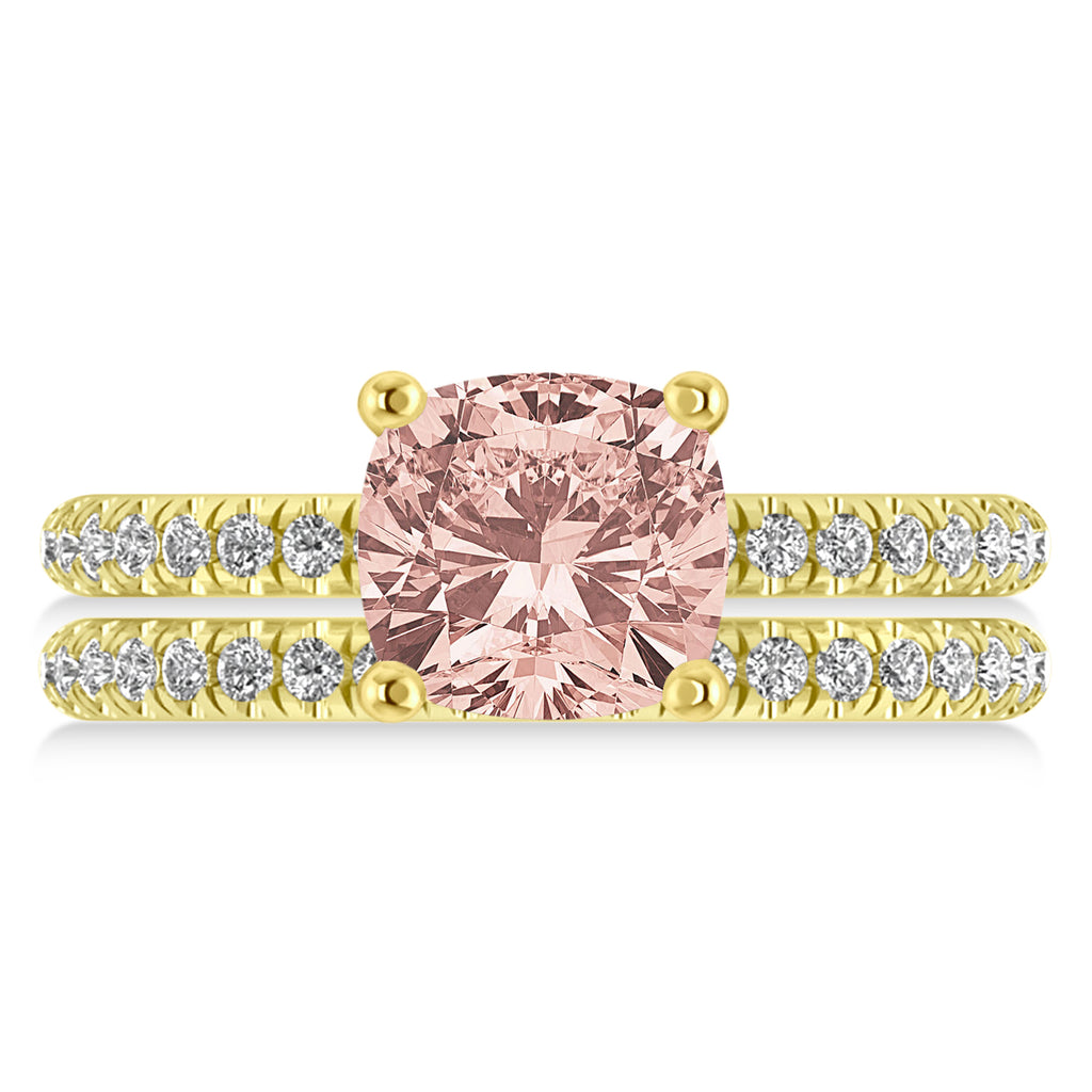 Morganite & Diamond Cushion-Set Semi-Eternity Bridal Set 14K Yellow Gold (3.22ct)