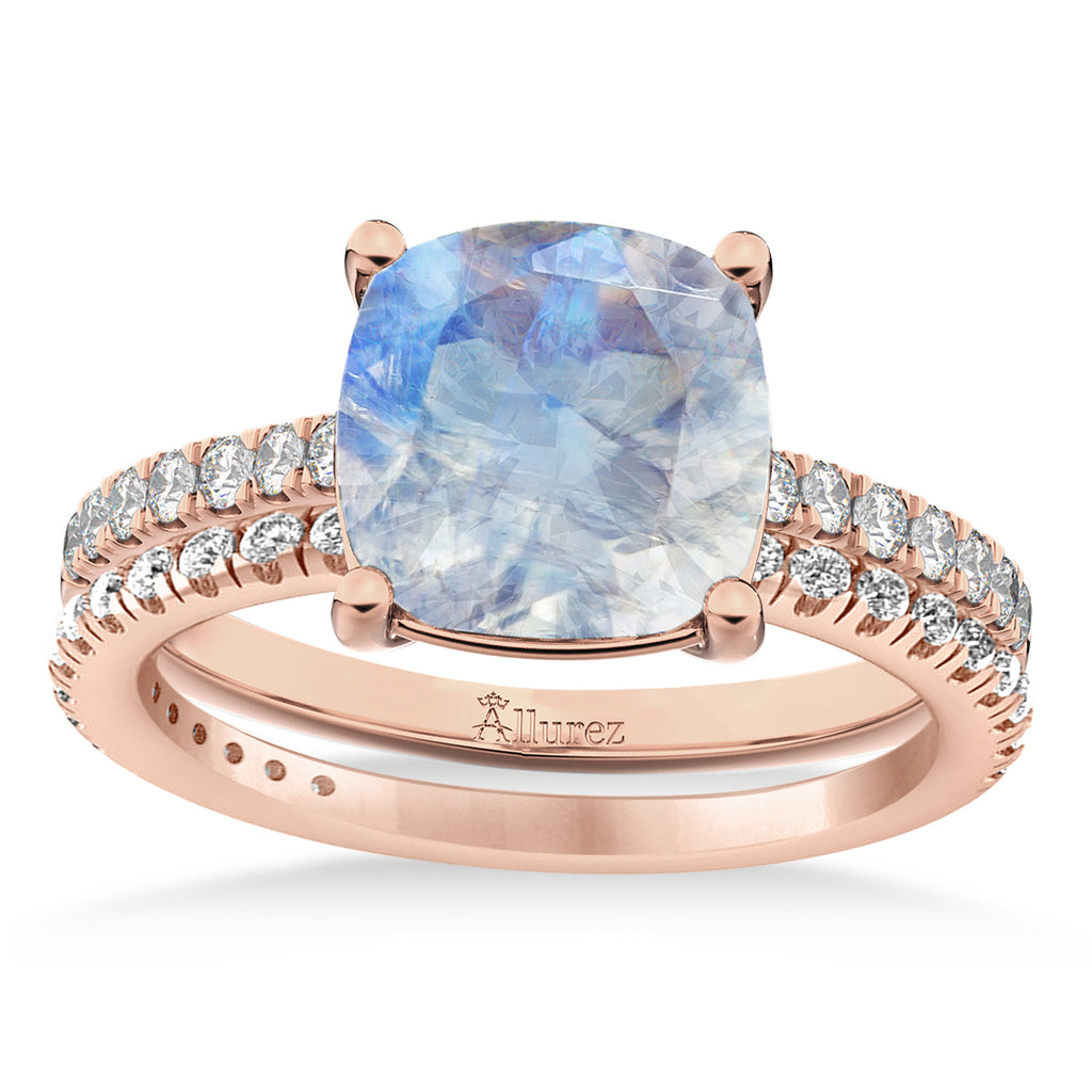 Moonstone & Diamond Cushion-Set Semi-Eternity Bridal Set 14K Rose Gold (3.22ct)