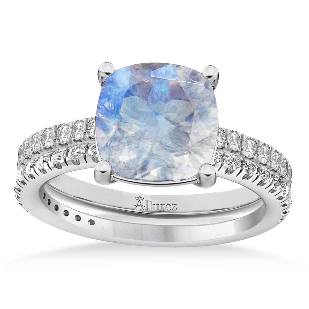 Moonstone & Diamond Cushion-Set Semi-Eternity Bridal Set 14K White Gold (3.22ct)