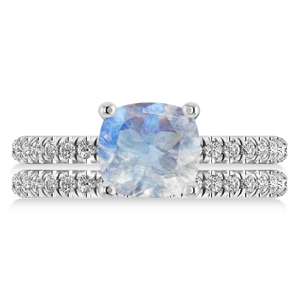 Moonstone & Diamond Cushion-Set Semi-Eternity Bridal Set 14K White Gold (3.22ct)