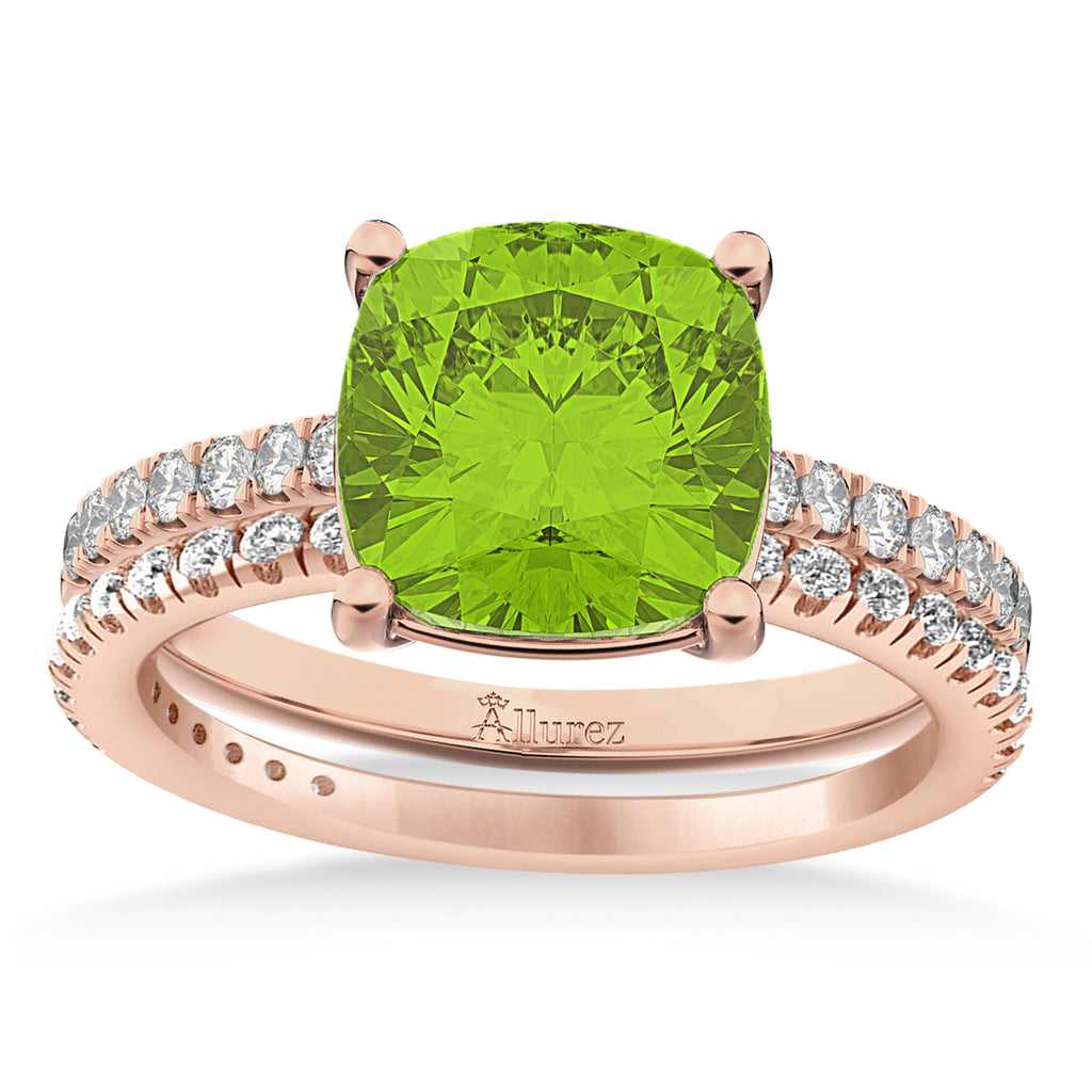 Peridot & Diamond Cushion-Set Semi-Eternity Bridal Set 14K Rose Gold (3.22ct)