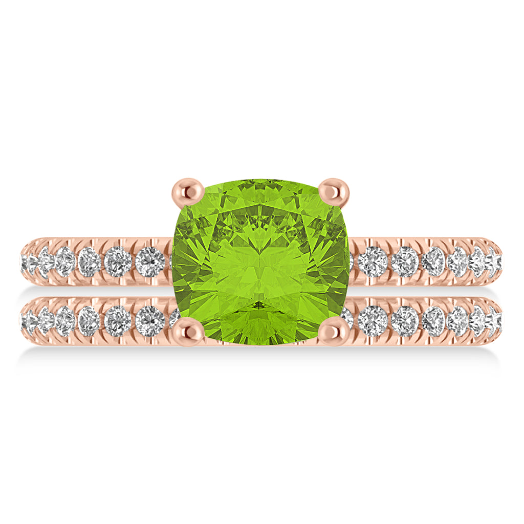 Peridot & Diamond Cushion-Set Semi-Eternity Bridal Set 14K Rose Gold (3.22ct)