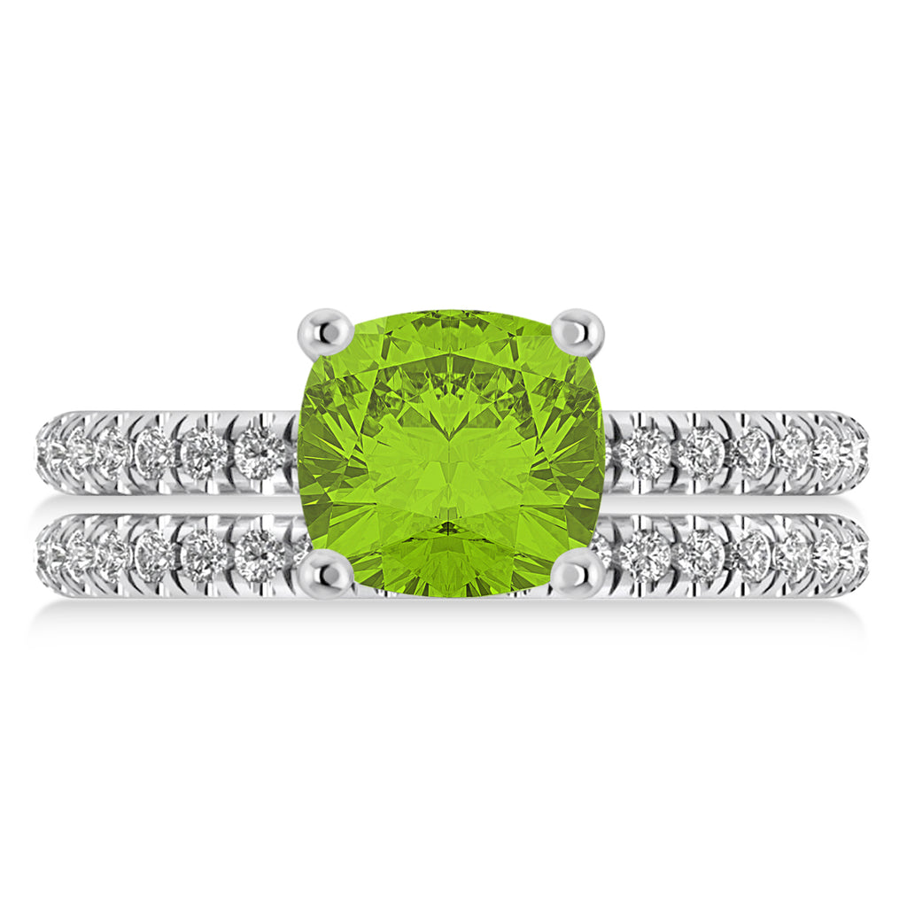 Peridot & Diamond Cushion-Set Semi-Eternity Bridal Set 14K White Gold (3.22ct)