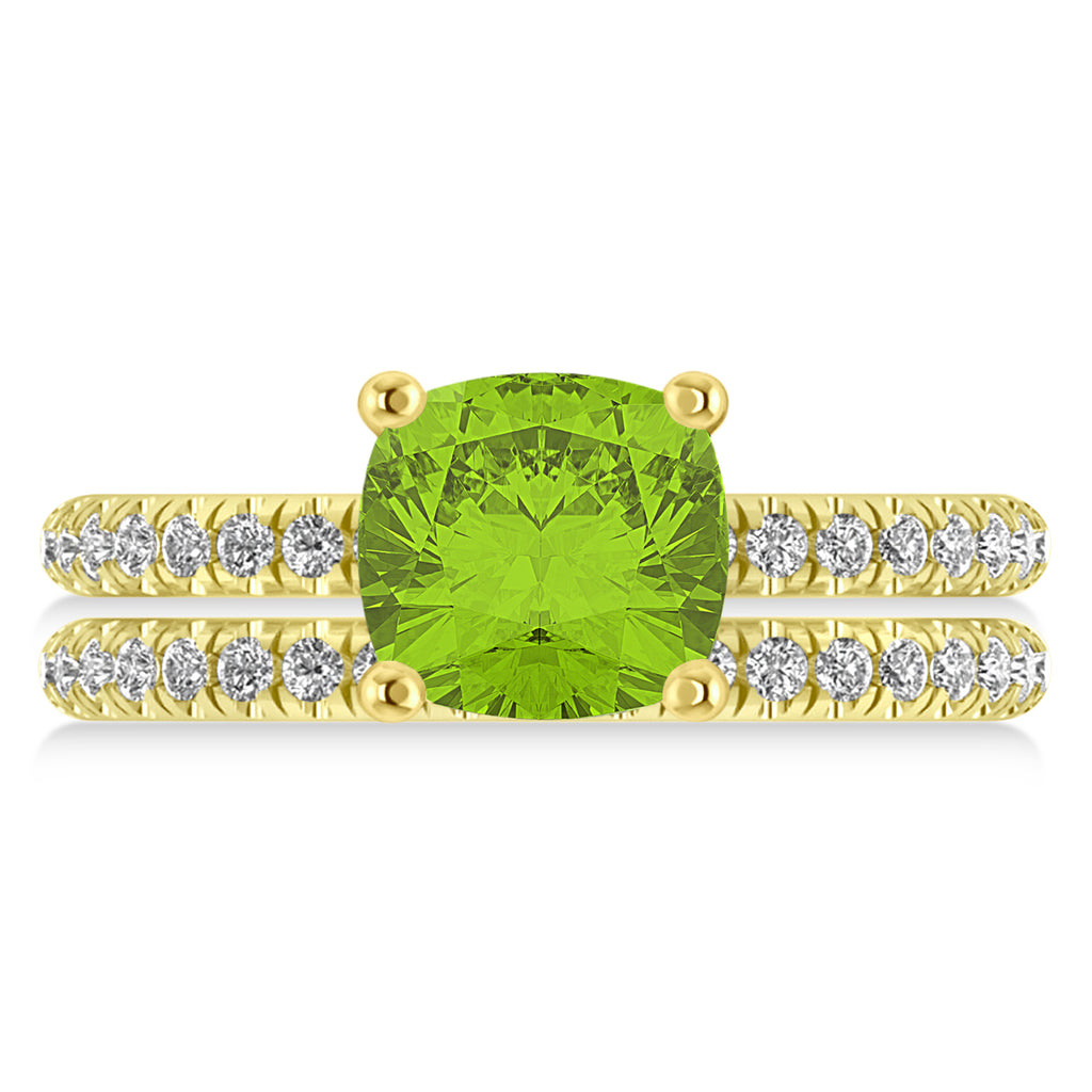 Peridot & Diamond Cushion-Set Semi-Eternity Bridal Set 14K Yellow Gold (3.22ct)