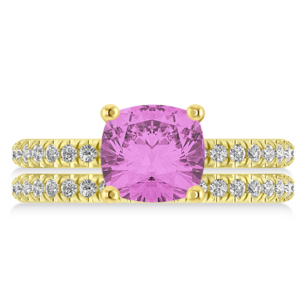 Pink Sapphire & Diamond Cushion-Set Semi-Eternity Bridal Set 14K Yellow Gold (3.22ct)