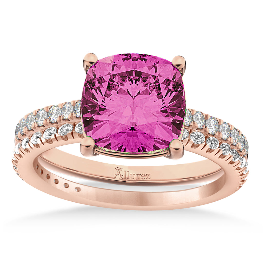 Pink Tourmaline & Diamond Cushion-Set Semi-Eternity Bridal Set 14K Rose Gold (3.22ct)