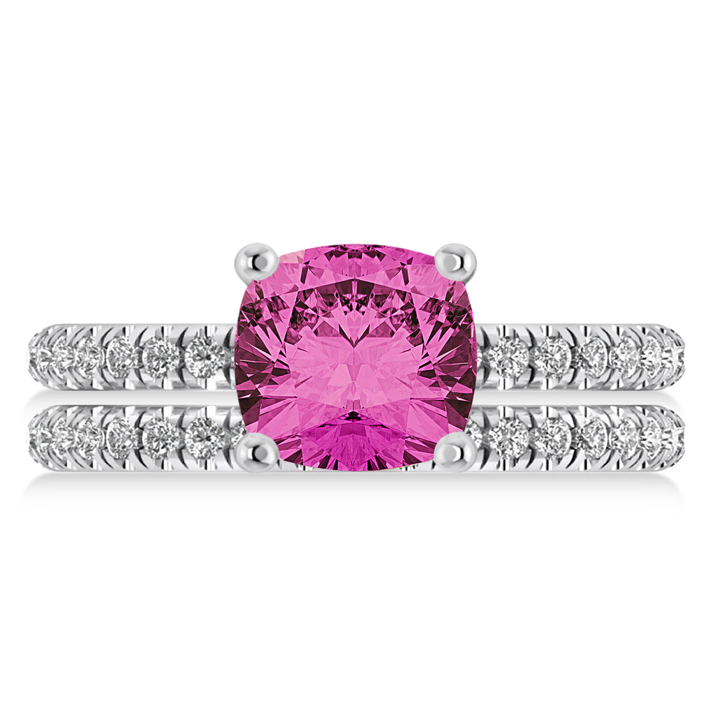 Pink Tourmaline & Diamond Cushion-Set Semi-Eternity Bridal Set 14K White Gold (3.22ct)