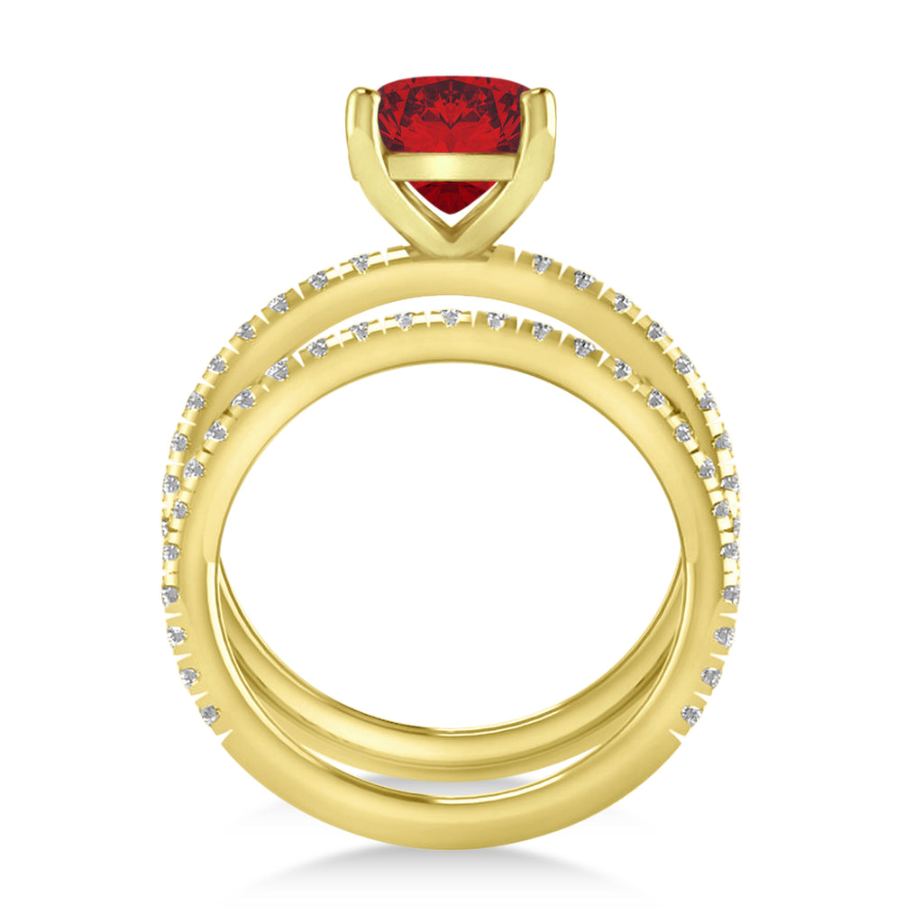 Ruby & Diamond Cushion-Set Semi-Eternity Bridal Set 14K Yellow Gold (3.22ct)