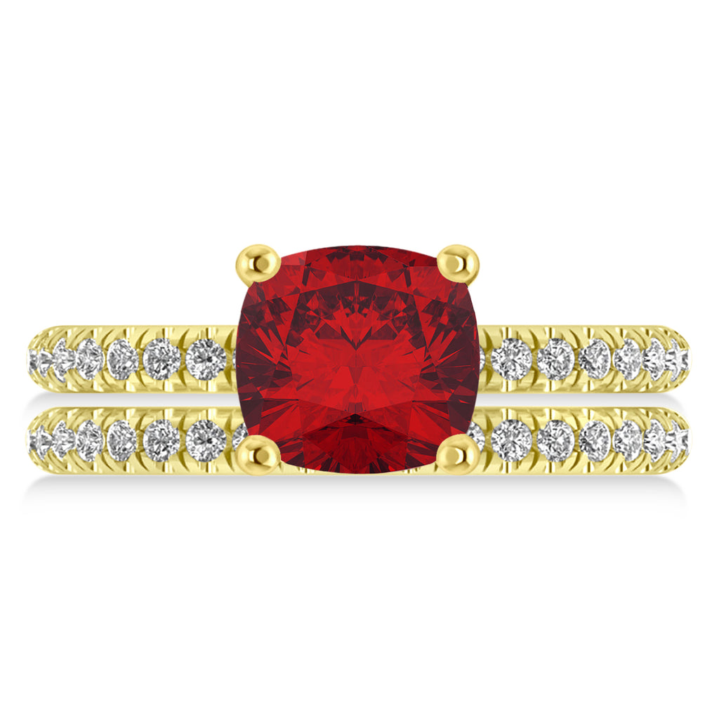 Ruby & Diamond Cushion-Set Semi-Eternity Bridal Set 14K Yellow Gold (3.22ct)