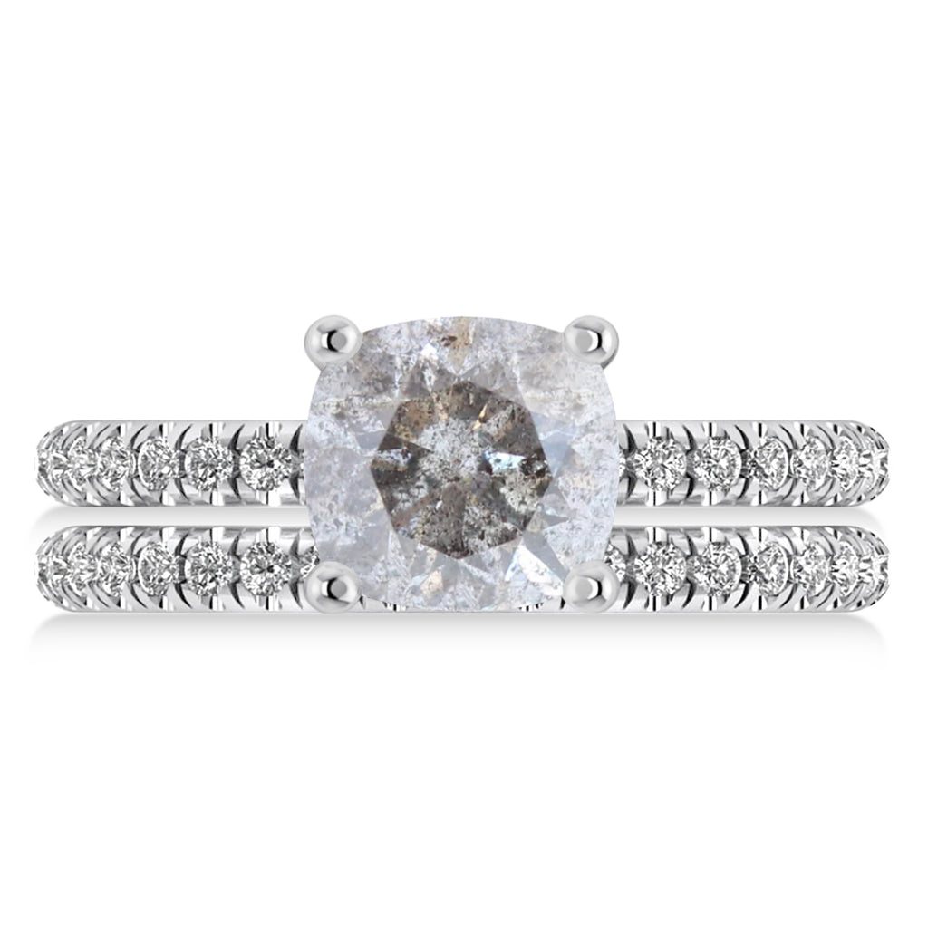 Salt & Pepper & White Diamond Cushion-Set Semi-Eternity Bridal Set 14K White Gold (2.66ct)
